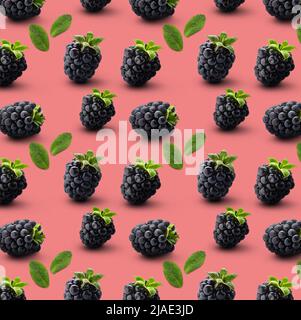 Many ripe blackberries and mint leaves on pink background. Pattern for design Stock Photo