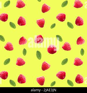 Many ripe raspberries and mint on yellow background. Pattern for design Stock Photo