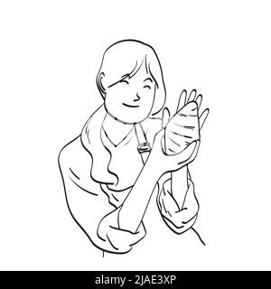 smiling female chef holding croissant illustration vector hand drawn isolated on white background line art. Stock Vector
