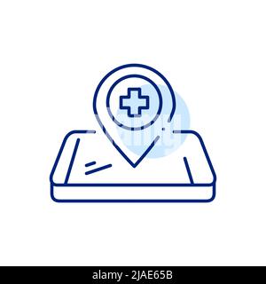 Hospital or other healthcare provider location app. Map pointer on an isometric smartphone. Pixel perfect, editable stroke line art icon Stock Vector