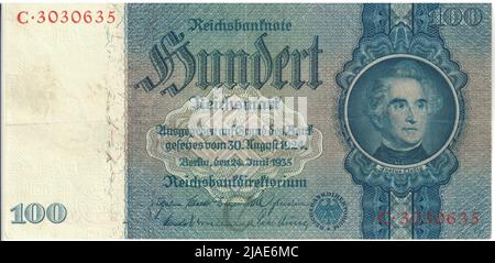 Reichsbanknote, 100 Reichsmark, Justus von Liebig. (German) Reichsbank, Mint Authority, Paul Scheurich (1883-1945), Artist Stock Photo