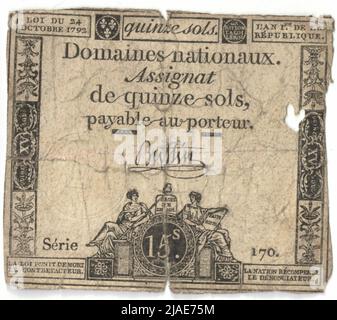 Assignate, 15 floors. (Hypotheque on the) National domains, Mint Authority, Nicolas-Marie Gatteaux (1751—1832), artist, Jean-Baptiste Gérard, artist Stock Photo