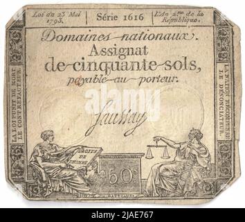 Assignate, 50 floors. (Hypotheque on the) National domains, Mint Authority, Nicolas-Marie Gatteaux (1751—1832), artist, Jean-Baptiste Gérard, artist Stock Photo