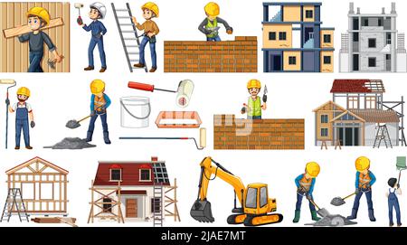 Set of construction site objects and workers illustration Stock Vector