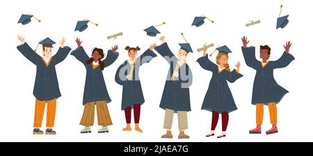 Happy graduates, college or university students throw up graduation caps in air. Vector flat illustration of people in academic hats and gowns with diploma scrolls Stock Vector