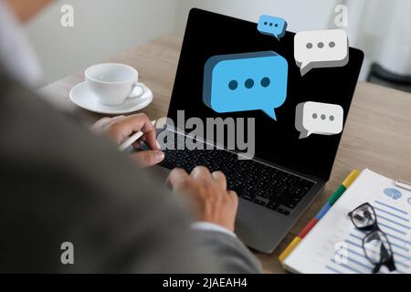 pop up Social media men hand using smartphone typing  chatting Live Chat Chatting on application Communication Digital social network concepts Stock Photo