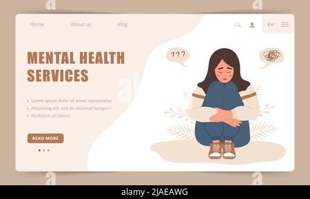 Mental health service. Landing page template. Lonely muslim woman sitting on floor and hugging knees. Depressed teenager needs psychological help Stock Vector