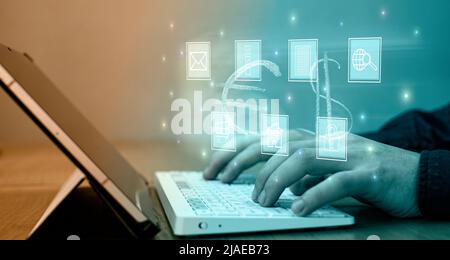 Businessman using computer laptop  for trading forex exchange and money transfer by use technology concept. Stock Photo