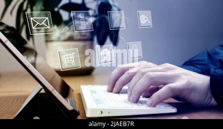 Businessman using computer laptop  for trading forex exchange and money transfer by use technology concept. Stock Photo