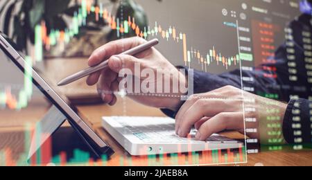 Analyze financial data chart trading forex, investing in stock markets, funds and digital assets Stock Photo