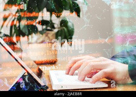 Businessman working with laptop computer on wooden desk in modern office . Programmers and cyber security technologies design. Stock Photo