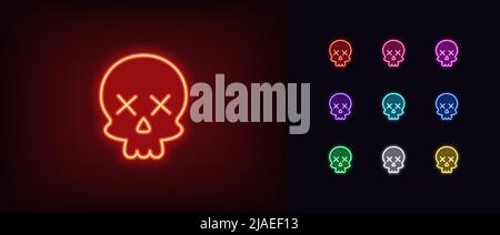 Outline neon skull emoji icon. Glowing neon Skull emoticon silhouette with dead x eyes, skeleton head pictogram. Skull face, danger and death, poison Stock Vector