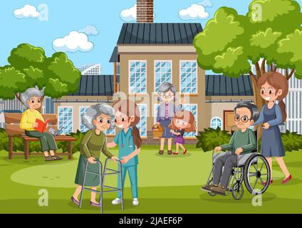 Outdoor park with elderly people and caregivers illustration Stock Vector