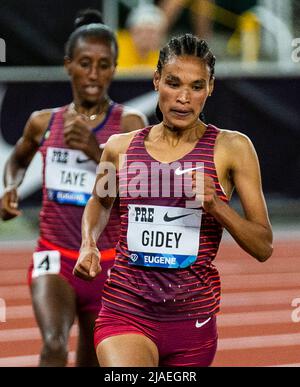 May 28, 2022 Eugene OR USA Letesenbet Gidey leads the 5000 meters race during the Nike Prefontaine Classic at Hayward Field Eugene, OR Thurman James/CSM Stock Photo