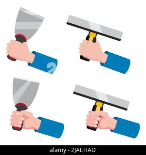 Set construction tools putty knife, spatula, brush repair tool. Hand hold spackling or paint instruments. Vector illustration isolated on white Stock Vector