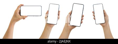 Collection of Male hand holding smart phone with white blank empty screen isolated on white background include clipping path. Technology Concept. Stock Photo