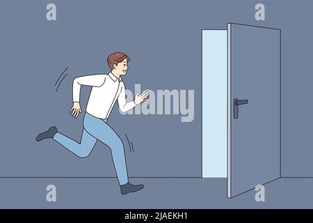 Young man running into open door strive for happy future and career success. Male in hurry move toward exit, escape from reality. Flat vector illustration.  Stock Vector