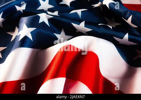American National holidays. Background with beautiful waving flag of the USA. Copy space. Concept of patriotism. Stock Photo