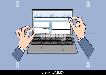 Close up of person hands move UI elements designing website on laptop. Web designer work create web page on computer. Technology and IT concept. Vector illustration.  Stock Vector