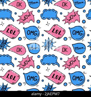 A seamless pattern of speech bubbles with hand-drawn doodle-style dialog words. OMG, Lool, Boom, Wow, Mmm. Vector illustration Stock Vector
