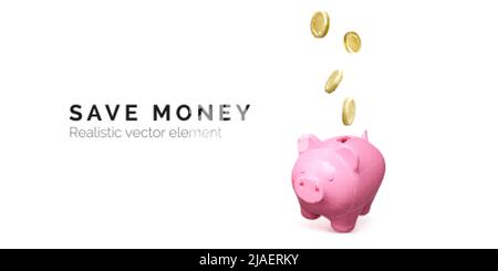 Pink piggy bank with falling gold coin. Money savings concept. 3D realistic pretty pig. Vector illustration Stock Vector