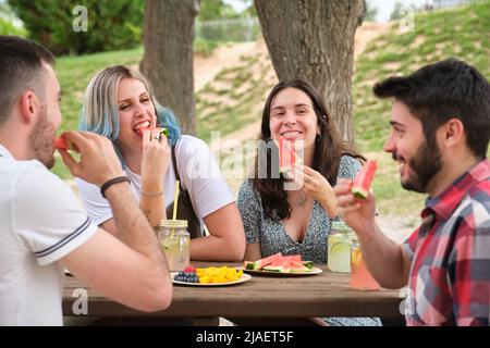 Group of happy friends having fun, drinking and eating watermelon in a park. Stock Photo