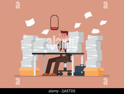 Low battery man sitting at table with laptop and pile of papers. Vector illustration Stock Vector