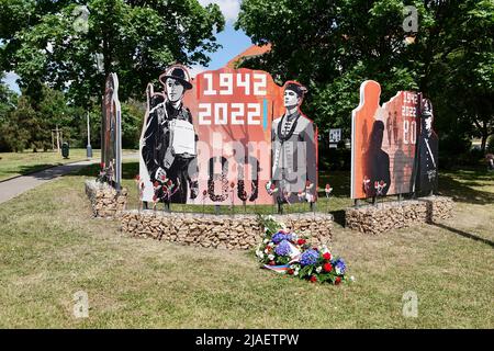 Prague, Czech Republic - May 28 2022: Commemoration of the anniversary of Operation Anthropoid in Prague, Zizkov at the Na Ohrade crossroads. Stock Photo