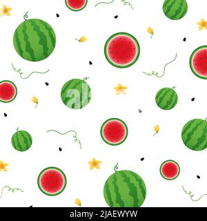 Watermelon background and seamless pattern, flat design of green leaves and flower and watermelon juice illustration, Fresh and juicy fruit concept of Stock Photo