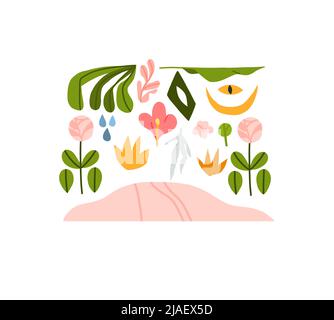 Hand drawn vector abstract graphic clip art illustrations collection set of composition with abstract boho nature shapes of blossom flowers,leaves and Stock Vector