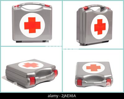 Collage with First aid kit with cross emblem isolated on a white background Stock Photo