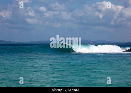 A wave goes unridden at 'Pitstops' surf break in the Mentawai Islands off Sumatra's West Coast. There are many surf breaks in this area that people tr Stock Photo