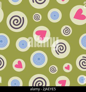 Summer abstract seamless pattern. Bubbles with different shapes inside on green background. Stock Vector