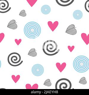 Abstract geometric pattern with heart shape, circles and spiral on white background. Stock Vector