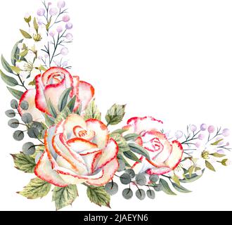 Watercolor Bouquet of white roses with leaves, decorative twigs and berries. Vector illustration for logos, invitations, greeting cards Stock Vector