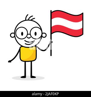 Man holding flag of Austria isolated on white background. Hand drawn doodle line art man. Concept of country. Vector stock illustration Stock Vector