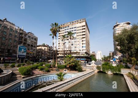 Damascus, Syria - May, 2022: Public Square (Al Marjeh Square), street scene in city center of Damascus