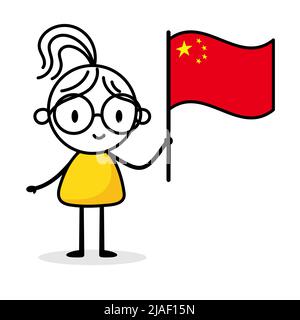 Woman holding flag of China isolated on white background. Hand drawn doodle line art man. Concept of country. Vector stock illustration Stock Vector