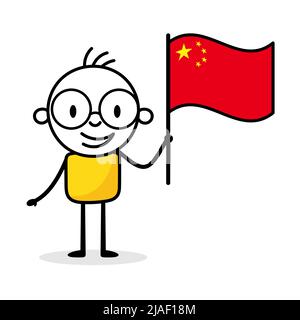 Man holding flag of China isolated on white background. Hand drawn doodle line art man. Concept of country. Vector stock illustration Stock Vector