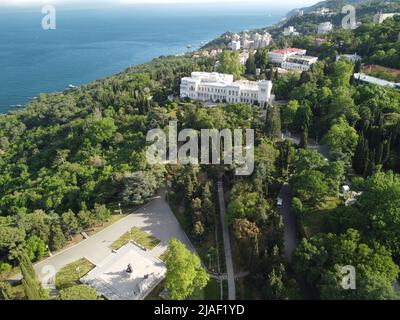 Aerial View of Livadia Palace - located on the shores of the Black Sea in the village of Livadia in the Yalta region of Crimea. Livadia Palace was a Stock Photo