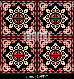 Oriental seamless vector pattern inspired by Monogolian folk art with swirls, traditional textile or fabric print design in red on black background Stock Vector