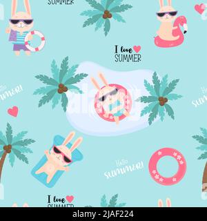 Summer tropical seamless pattern. Funny cute beach bunnies in sunglasses swim on waterproof inflatable circle and mattress on blue background with tro Stock Vector