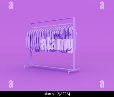 Clothes hang on hangers, purple background, 3D rendering. Stock Photo