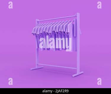 Clothes hang on hangers, purple background, 3D rendering. Stock Photo