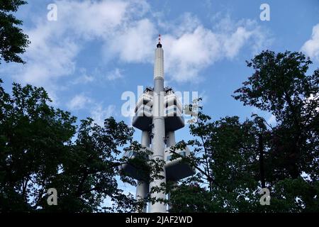 The famous Zizkov Television Tower, unique transmitter tower built in Prague between 1985 and 1992. The tower is an example of high-tech architecture. Stock Photo