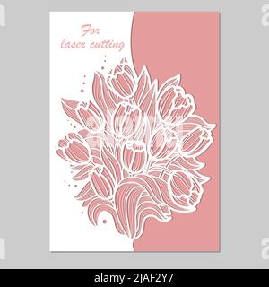 Template for laser cutting. Postcard with a bouquet of tulips. Vector Stock Vector