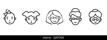 Linear icons of faces of women of different ages from childhood to old age Stock Vector