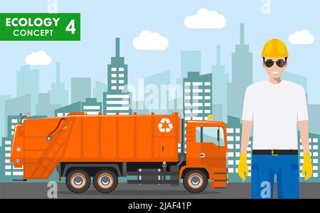 Detailed illustration of garbage collector and garbage truck on cityscape background in flat style. Stock Vector