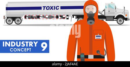 Detailed illustration of cistern truck carrying chemical, radioactive, toxic, hazardous substances and worker in protective suit on white background i Stock Vector