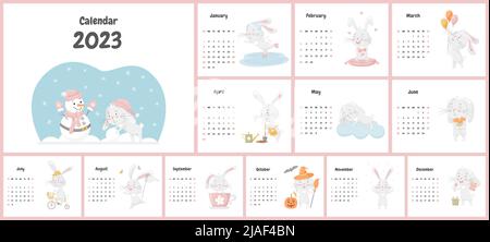 Calendar 2023 with cute rabbits. children's poster. Year of the cat and